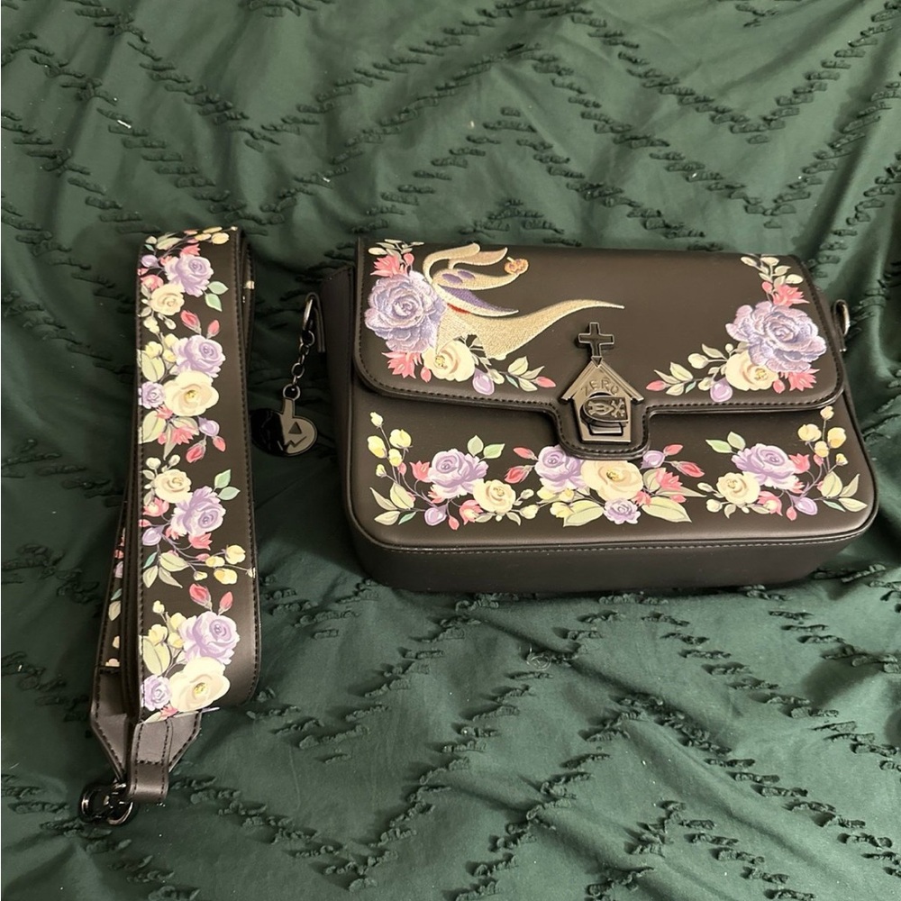 Floral nightmare before Christmas zero Black Crossbody Bag